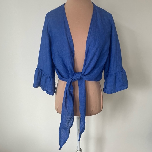 Marina St. Barth Bolero Nodo Central Linen Tie Front Plunge Cropped Top EUC OS - Picture 2 of 9